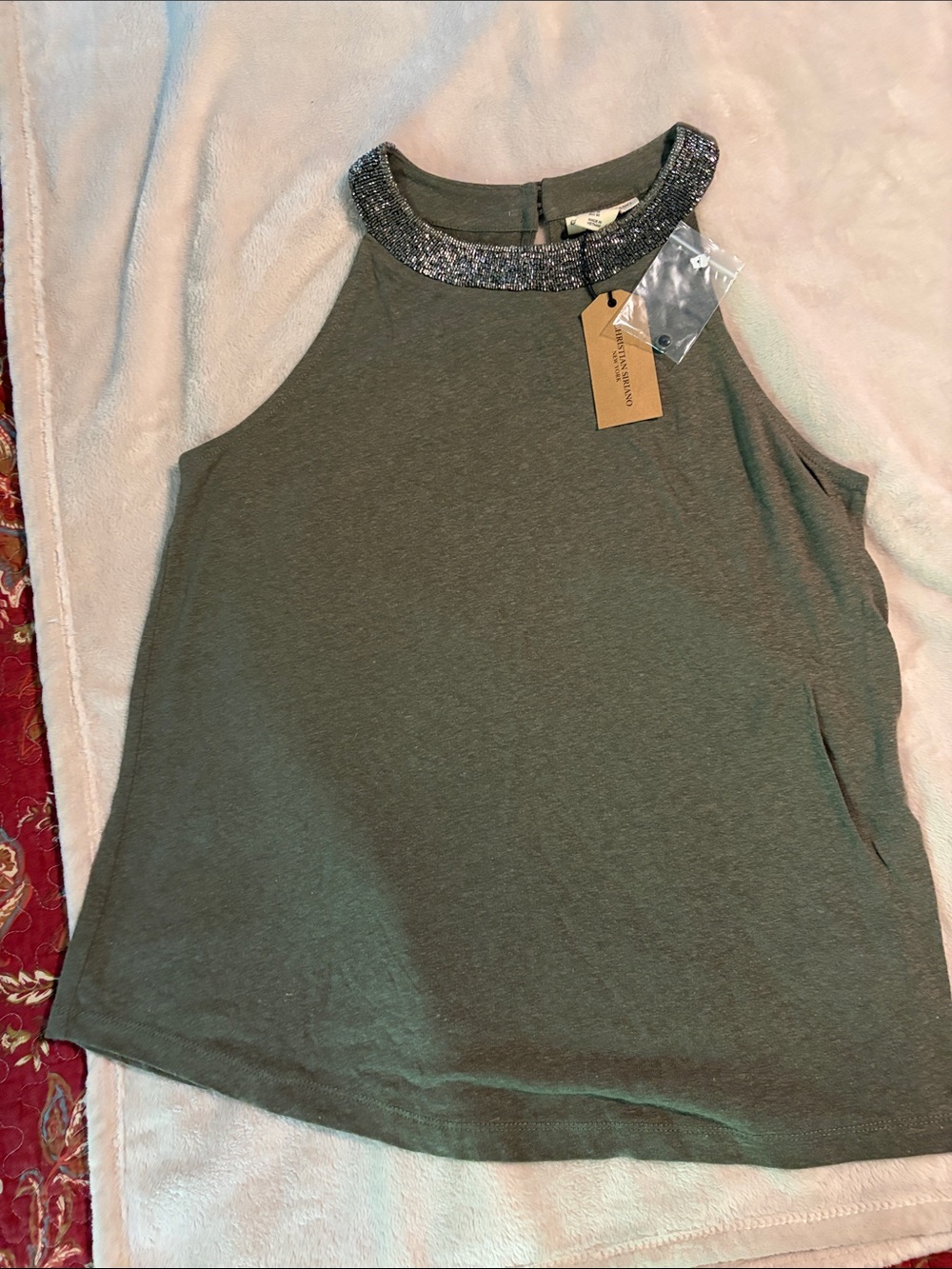 Christian Siriano Olive Green Halter Tank with Beaded Neckline
